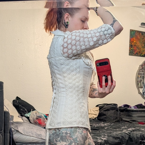 White Lace-Up Ruffled Women's Top - Picture 5 of 6